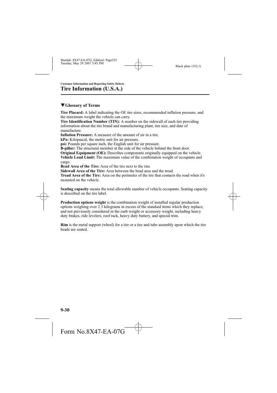 Tire information (u.s.a.) | Mazda 2008 6 User Manual | Page 352 / 440