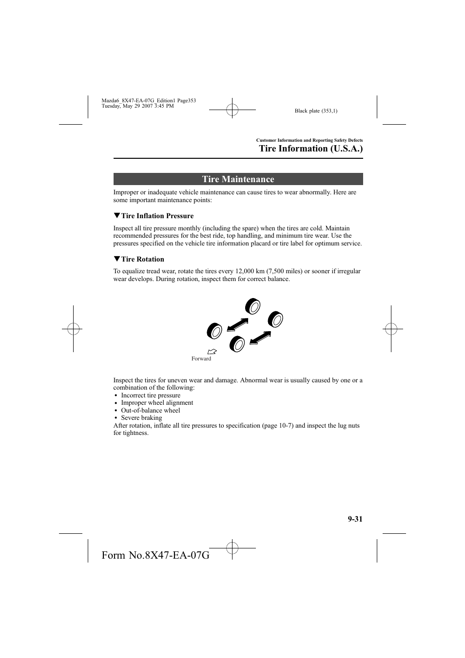 Tire maintenance, Tire information (u.s.a.) | Mazda 2008 6 User Manual | Page 353 / 440