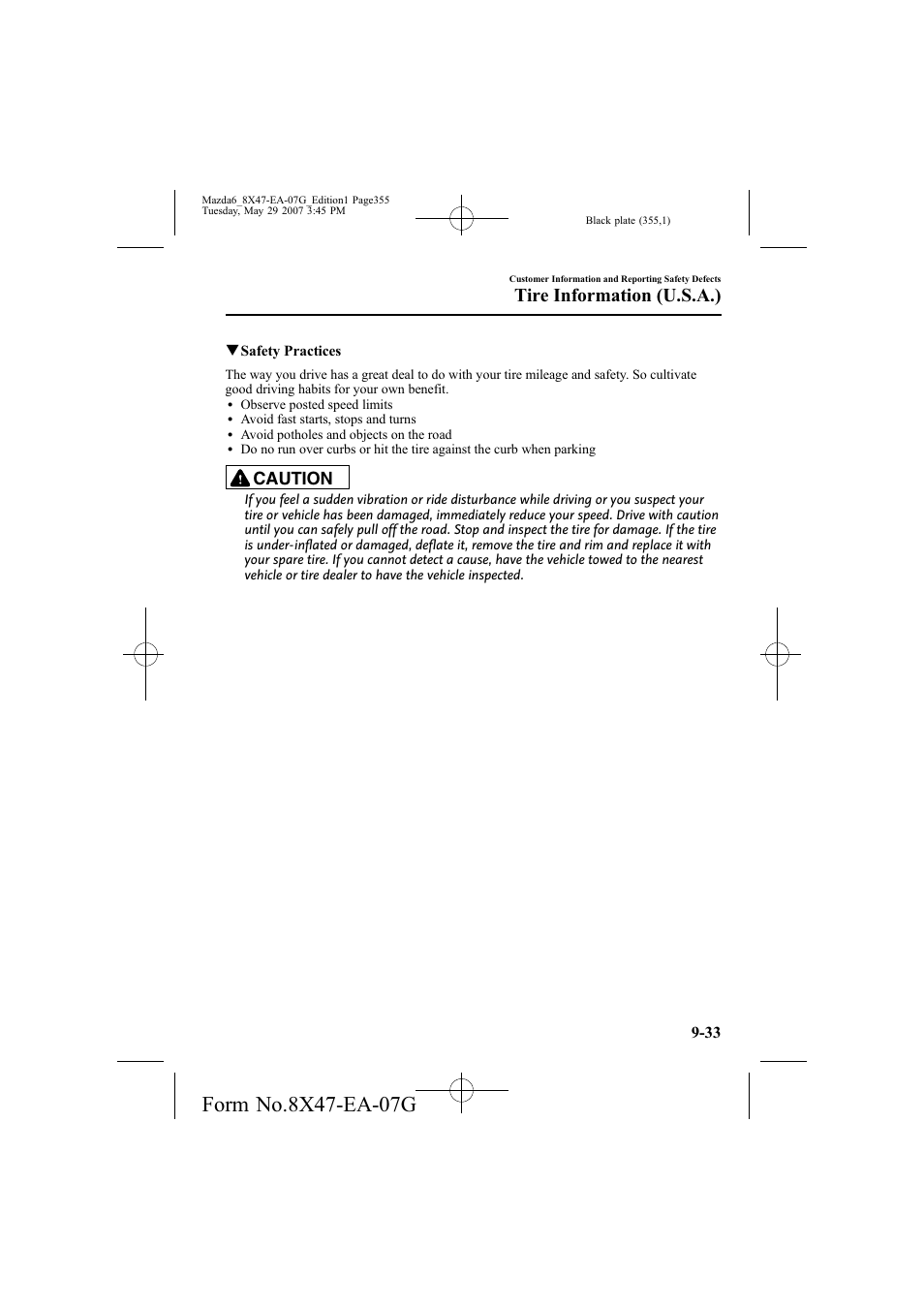 Tire information (u.s.a.), Caution | Mazda 2008 6 User Manual | Page 355 / 440