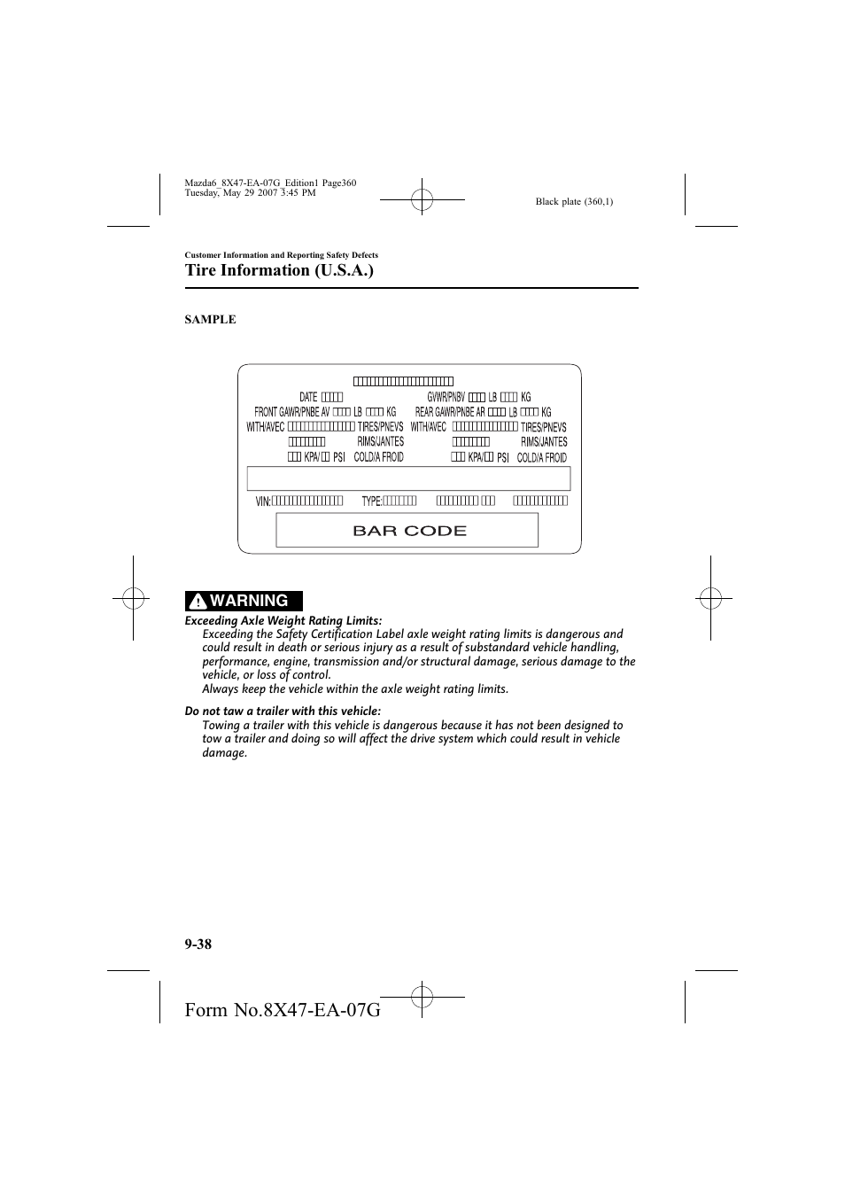 Tire information (u.s.a.) | Mazda 2008 6 User Manual | Page 360 / 440