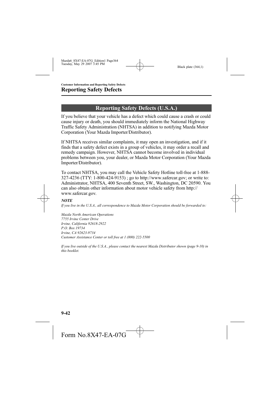 Reporting safety defects (u.s.a.), Reporting safety defects | Mazda 2008 6 User Manual | Page 364 / 440