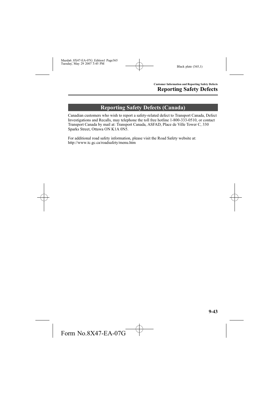Reporting safety defects (canada), Reporting safety defects | Mazda 2008 6 User Manual | Page 365 / 440