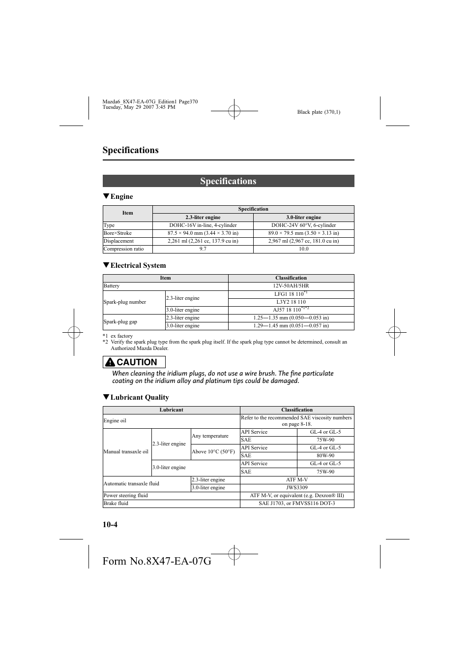 Specifications, Caution | Mazda 2008 6 User Manual | Page 370 / 440