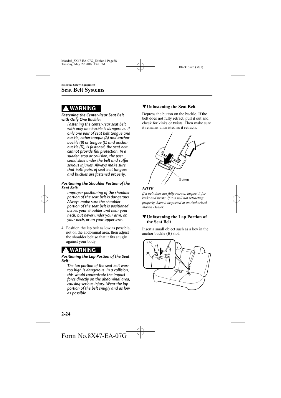 Seat belt systems, Warning | Mazda 2008 6 User Manual | Page 38 / 440