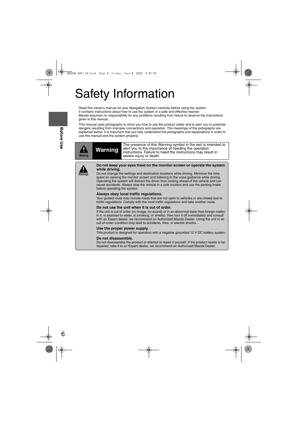 Safety information, Warning | Mazda 2008 6 User Manual | Page 388 / 440