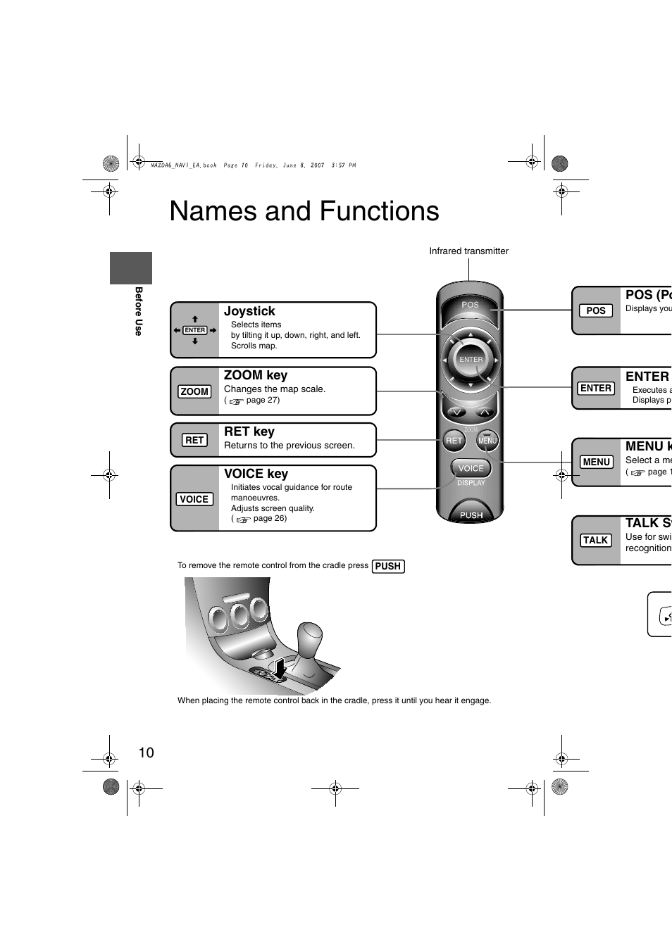 Names and functions, Joystick, Zoom key | Ret key, Voice key, Pos (po, Enter, Menu k, Talk sw | Mazda 2008 6 User Manual | Page 392 / 440