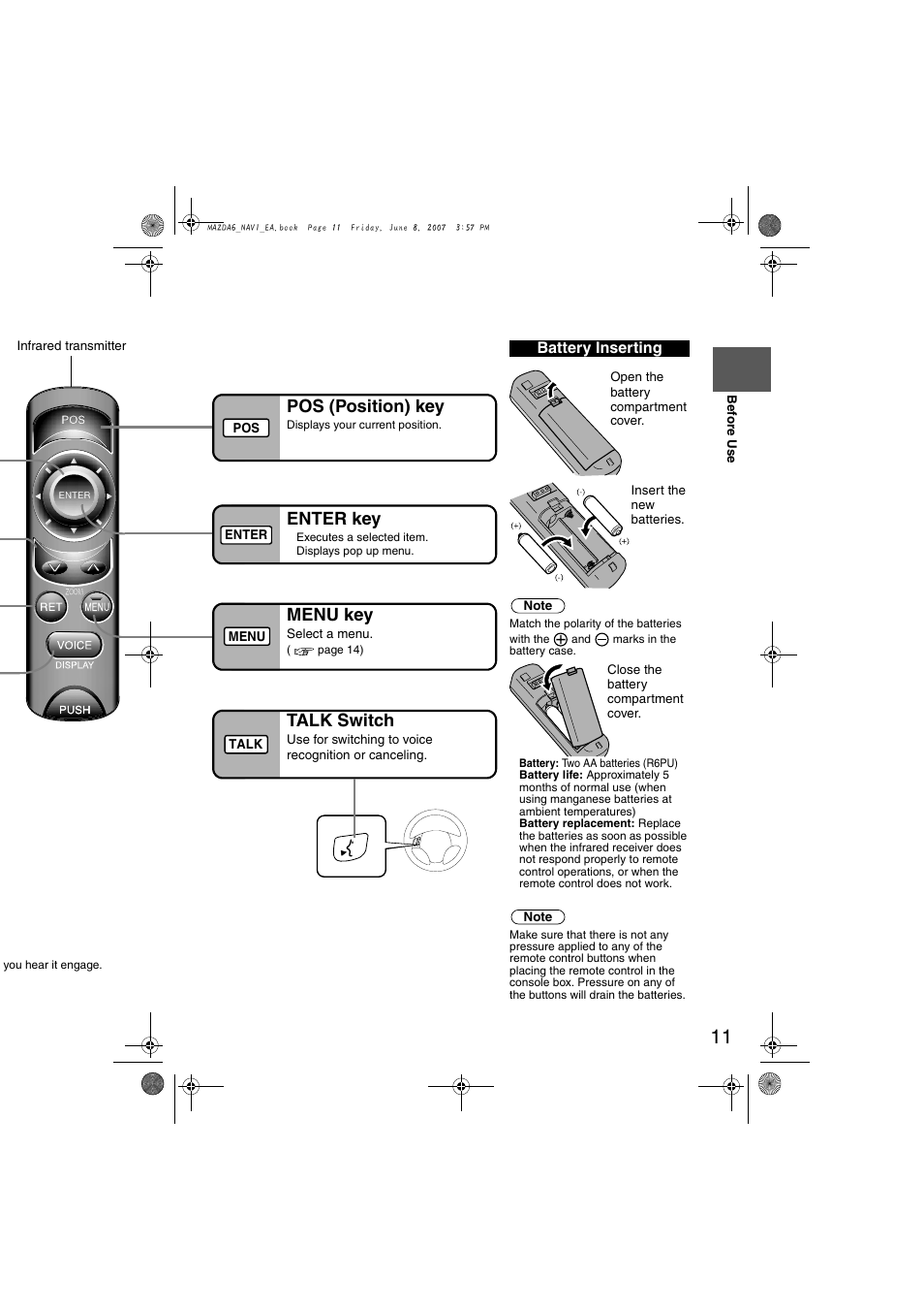 Pos (position) key, Enter key, Menu key | Talk switch, Battery inserting | Mazda 2008 6 User Manual | Page 393 / 440