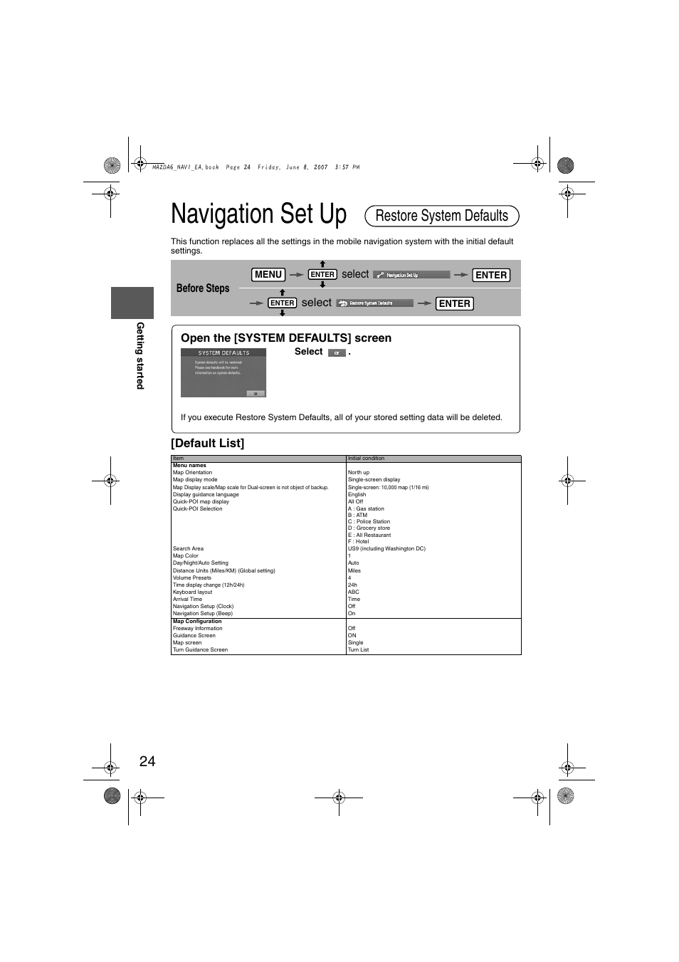 Navigation set up, Restore system defaults, Default list] before steps select select | Open the [system defaults] screen | Mazda 2008 6 User Manual | Page 406 / 440