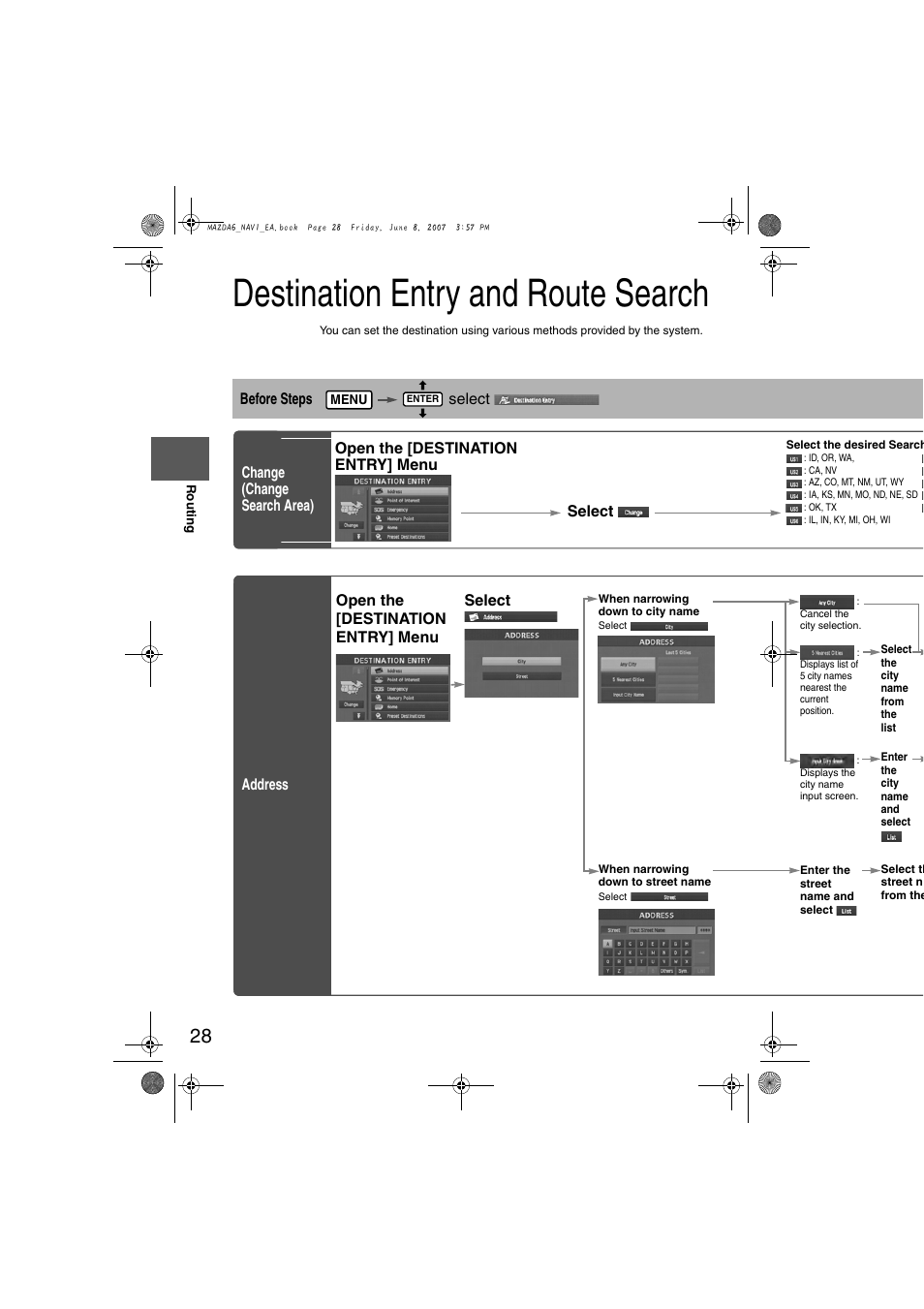 Destination entry and route search, Open the [destination entry] menu select | Mazda 2008 6 User Manual | Page 410 / 440