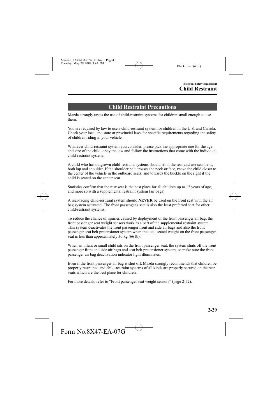Child restraint precautions, Child restraint | Mazda 2008 6 User Manual | Page 43 / 440