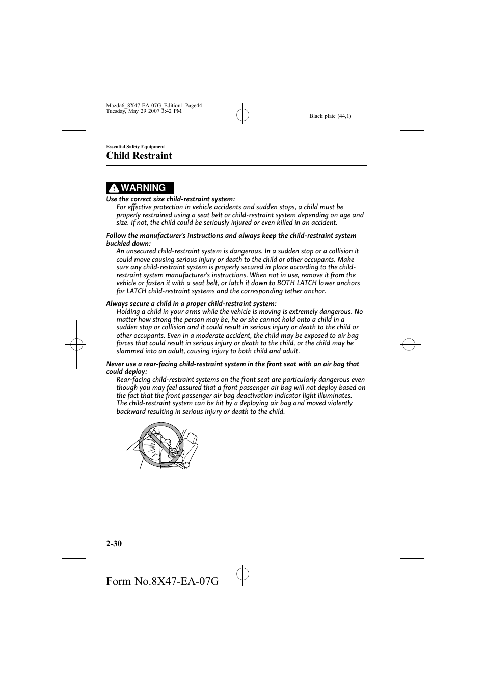 Child restraint, Warning | Mazda 2008 6 User Manual | Page 44 / 440