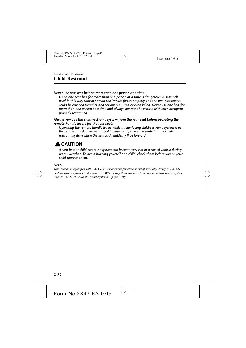 Child restraint, Caution | Mazda 2008 6 User Manual | Page 46 / 440