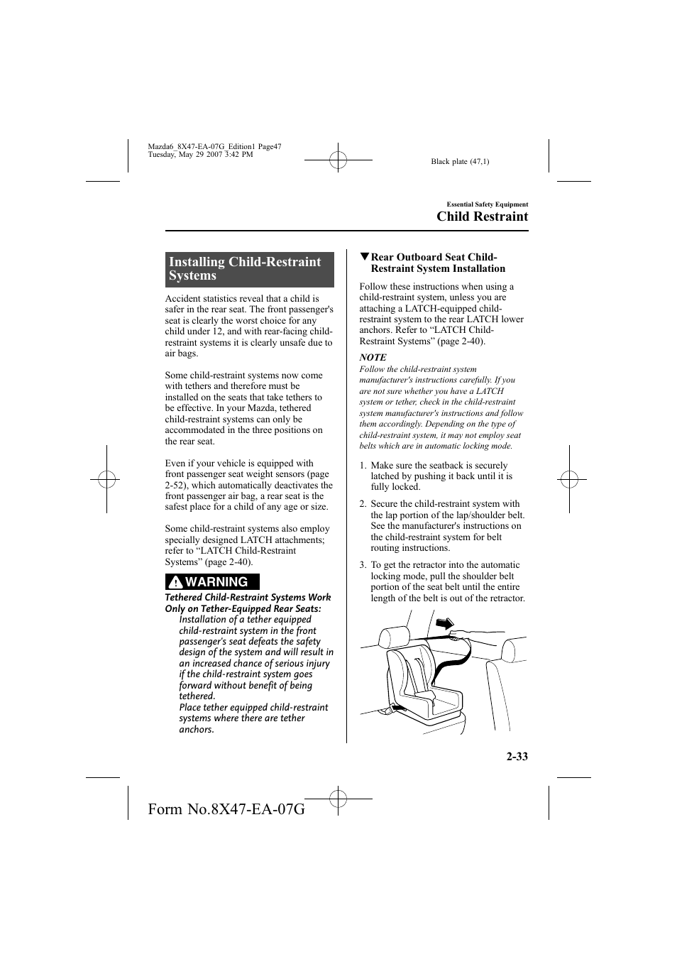 Installing child-restraint systems, Child restraint, Warning | Mazda 2008 6 User Manual | Page 47 / 440