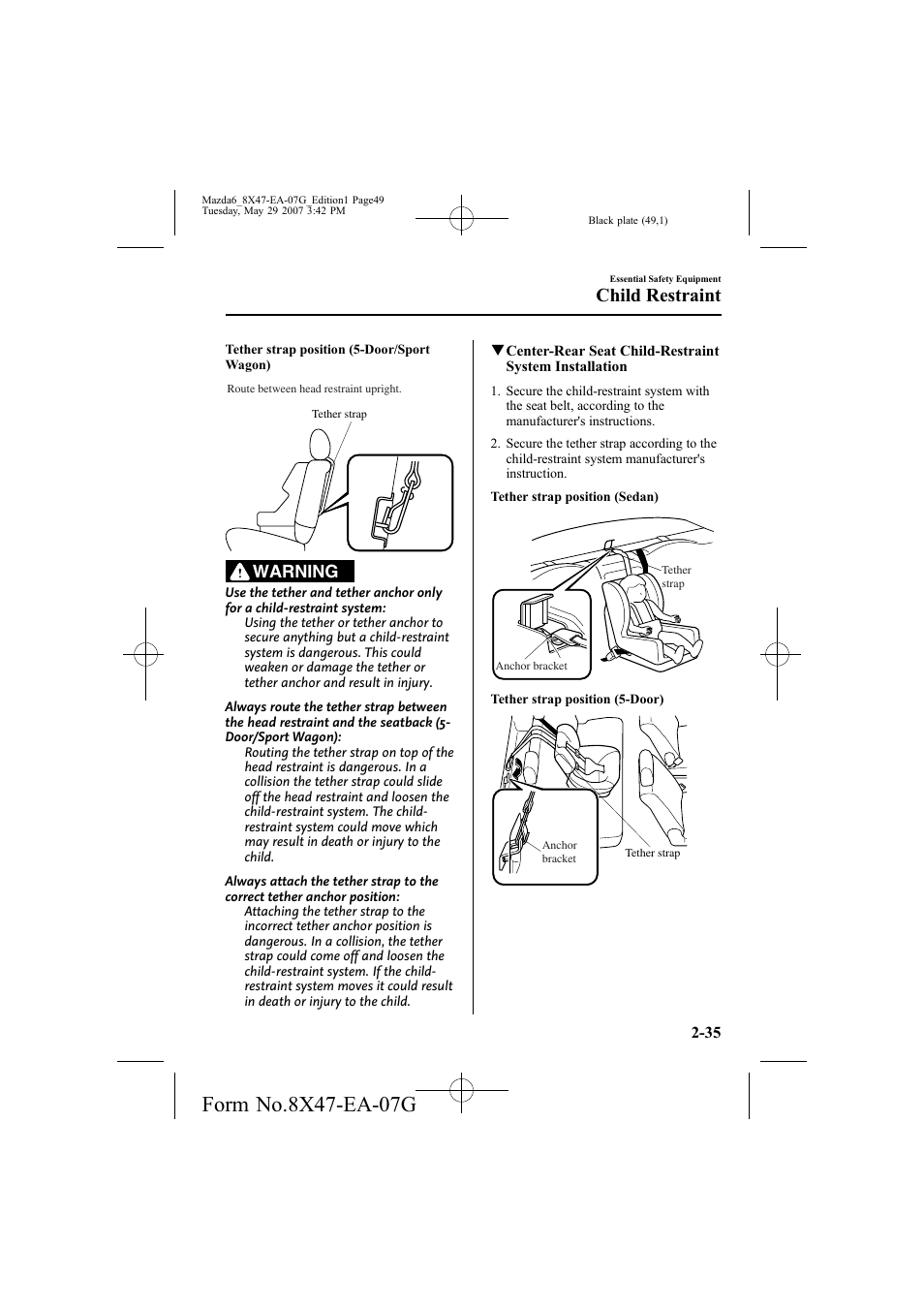 Child restraint, Warning | Mazda 2008 6 User Manual | Page 49 / 440