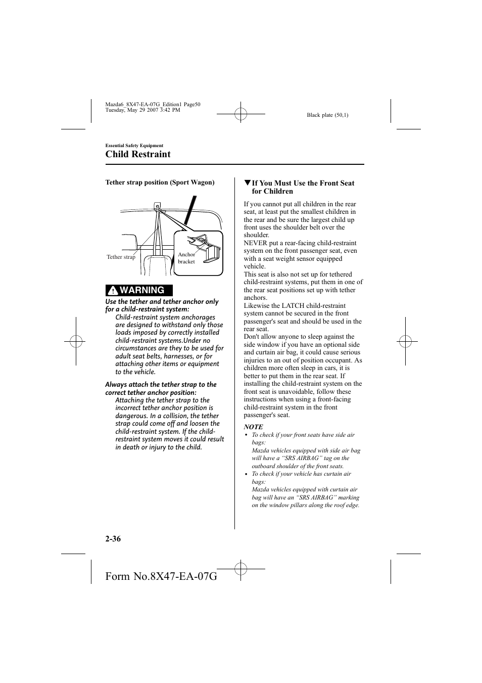 Child restraint, Warning | Mazda 2008 6 User Manual | Page 50 / 440