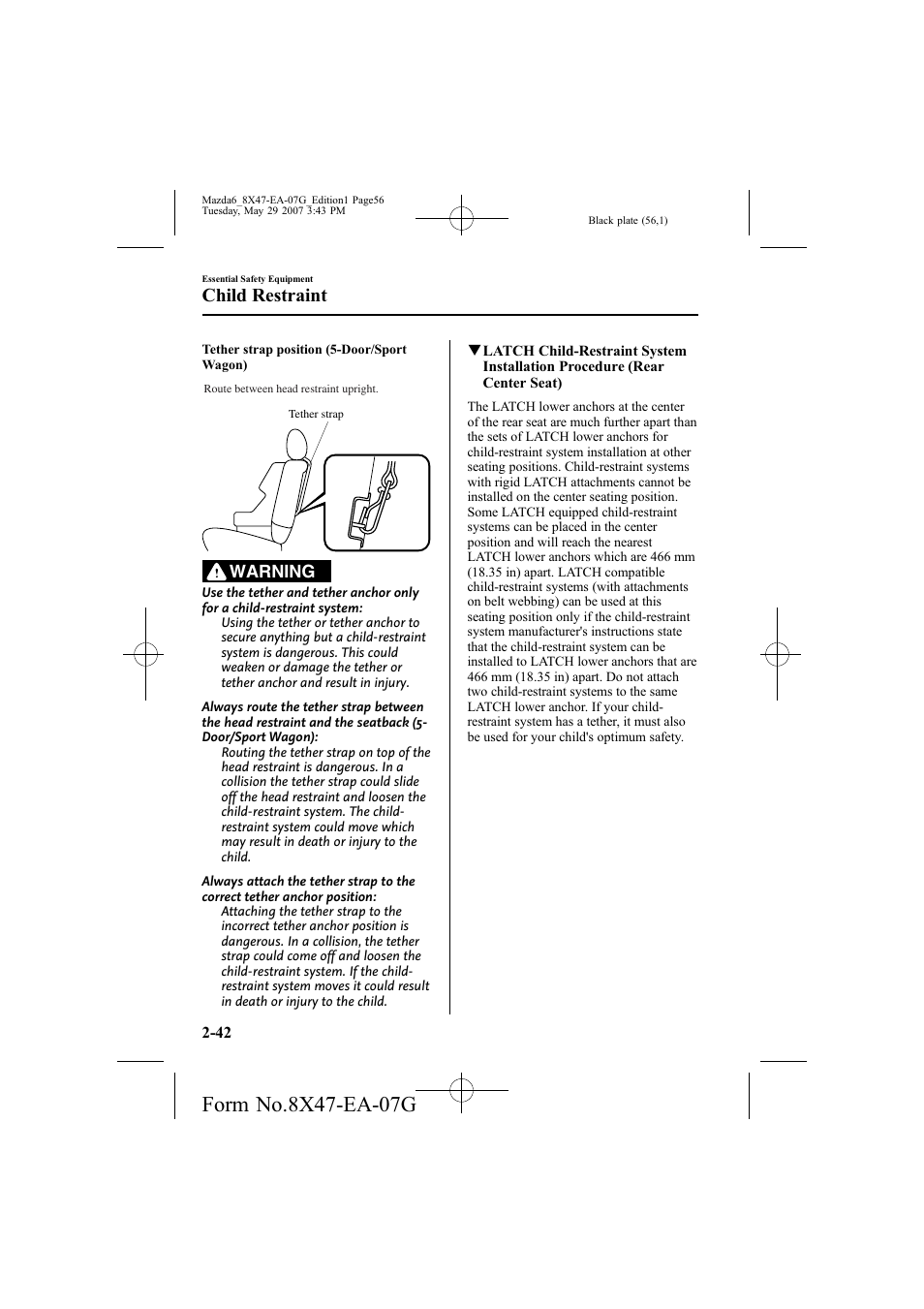 Child restraint, Warning | Mazda 2008 6 User Manual | Page 56 / 440