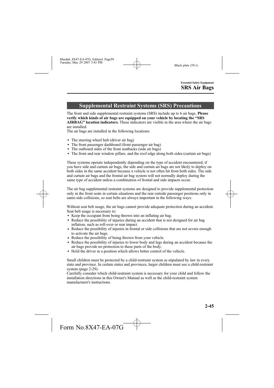 Supplemental restraint systems (srs) precautions, Srs air bags | Mazda 2008 6 User Manual | Page 59 / 440