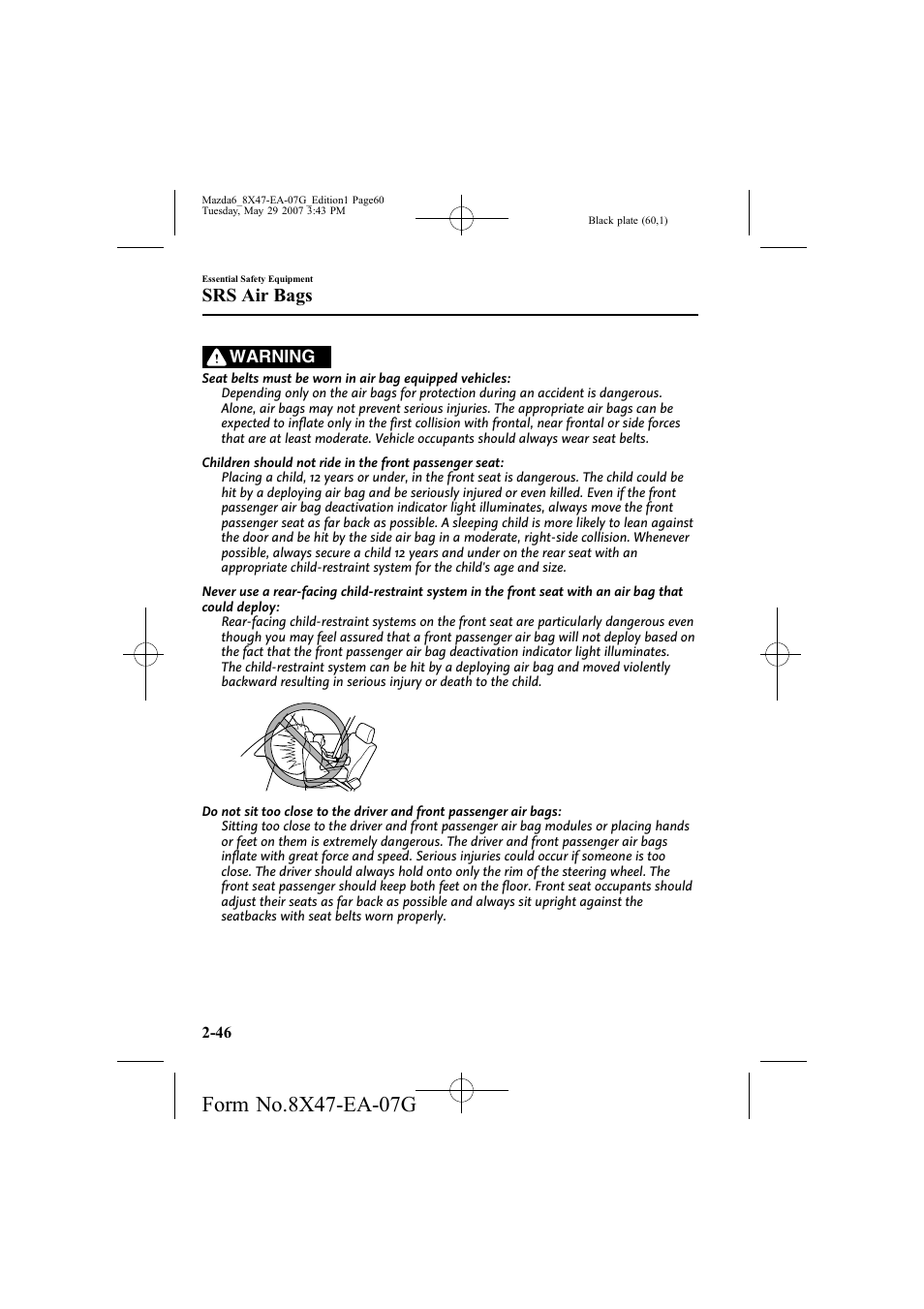Srs air bags, Warning | Mazda 2008 6 User Manual | Page 60 / 440