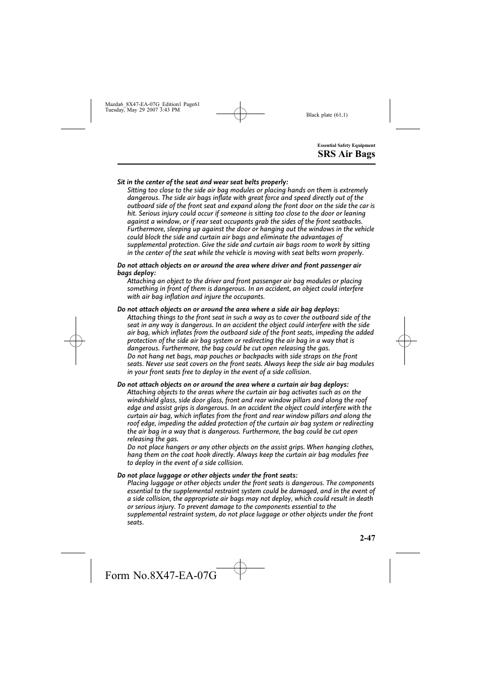 Srs air bags | Mazda 2008 6 User Manual | Page 61 / 440