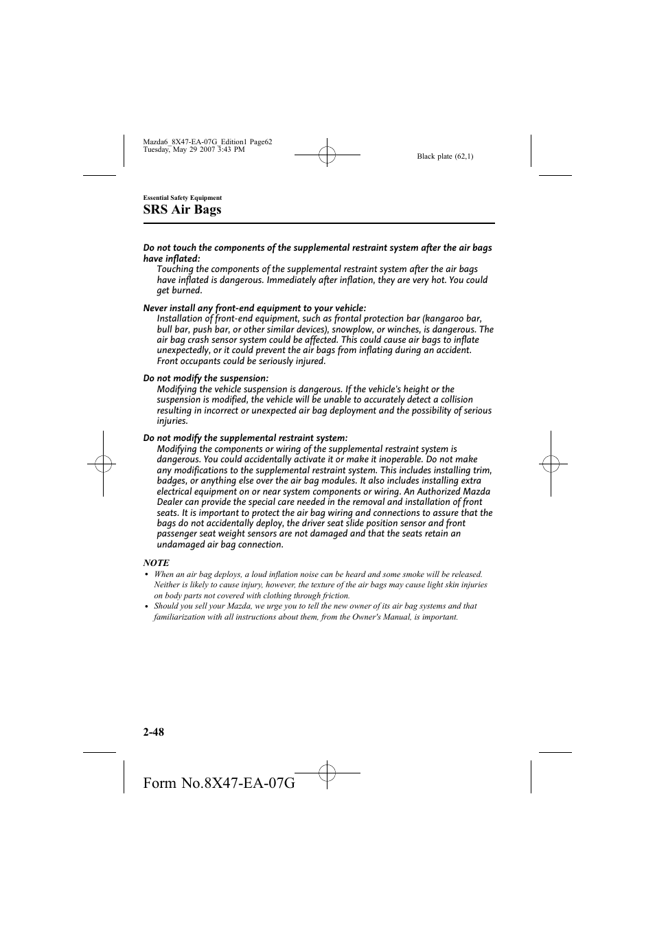 Srs air bags | Mazda 2008 6 User Manual | Page 62 / 440