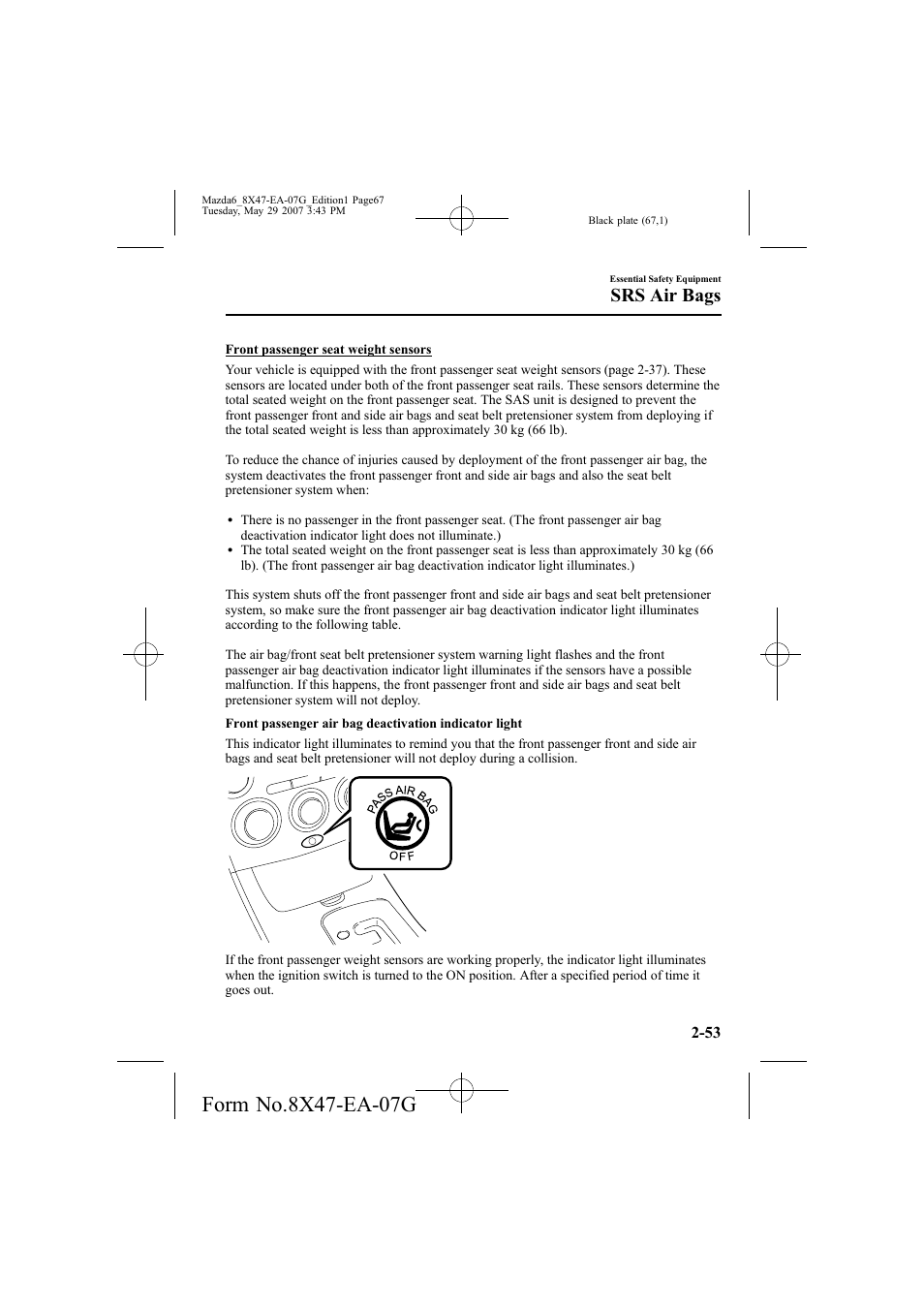 Srs air bags | Mazda 2008 6 User Manual | Page 67 / 440