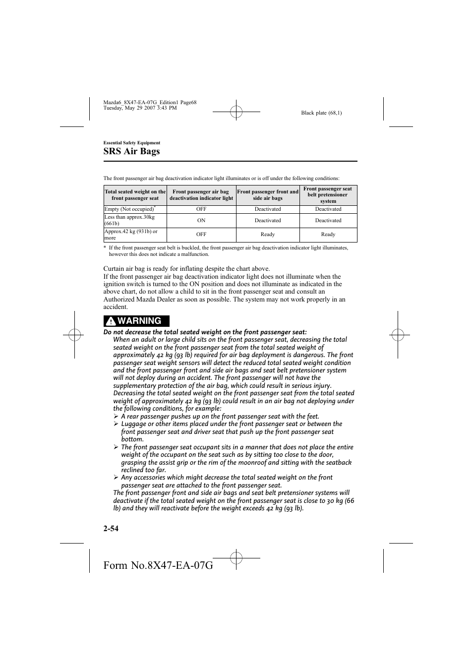 Srs air bags, Warning | Mazda 2008 6 User Manual | Page 68 / 440