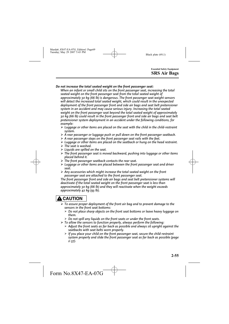 Srs air bags, Caution | Mazda 2008 6 User Manual | Page 69 / 440