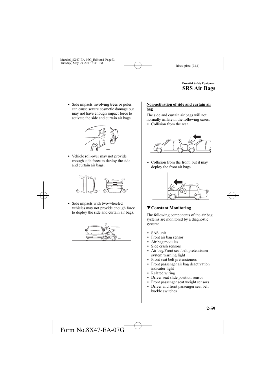 Srs air bags, Qconstant monitoring | Mazda 2008 6 User Manual | Page 73 / 440