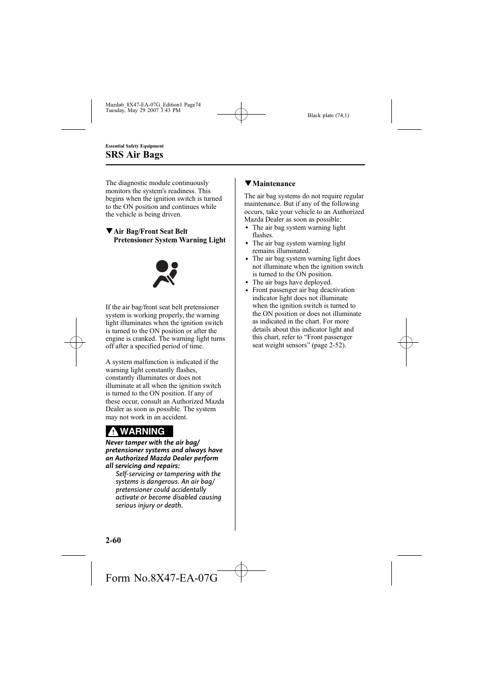 Srs air bags, Warning | Mazda 2008 6 User Manual | Page 74 / 440
