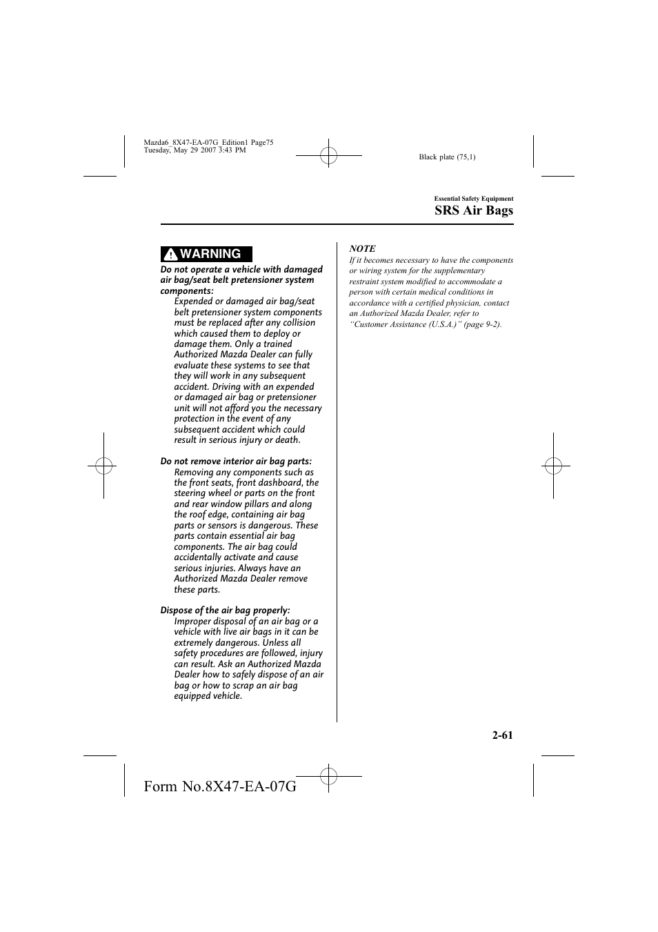 Srs air bags, Warning | Mazda 2008 6 User Manual | Page 75 / 440