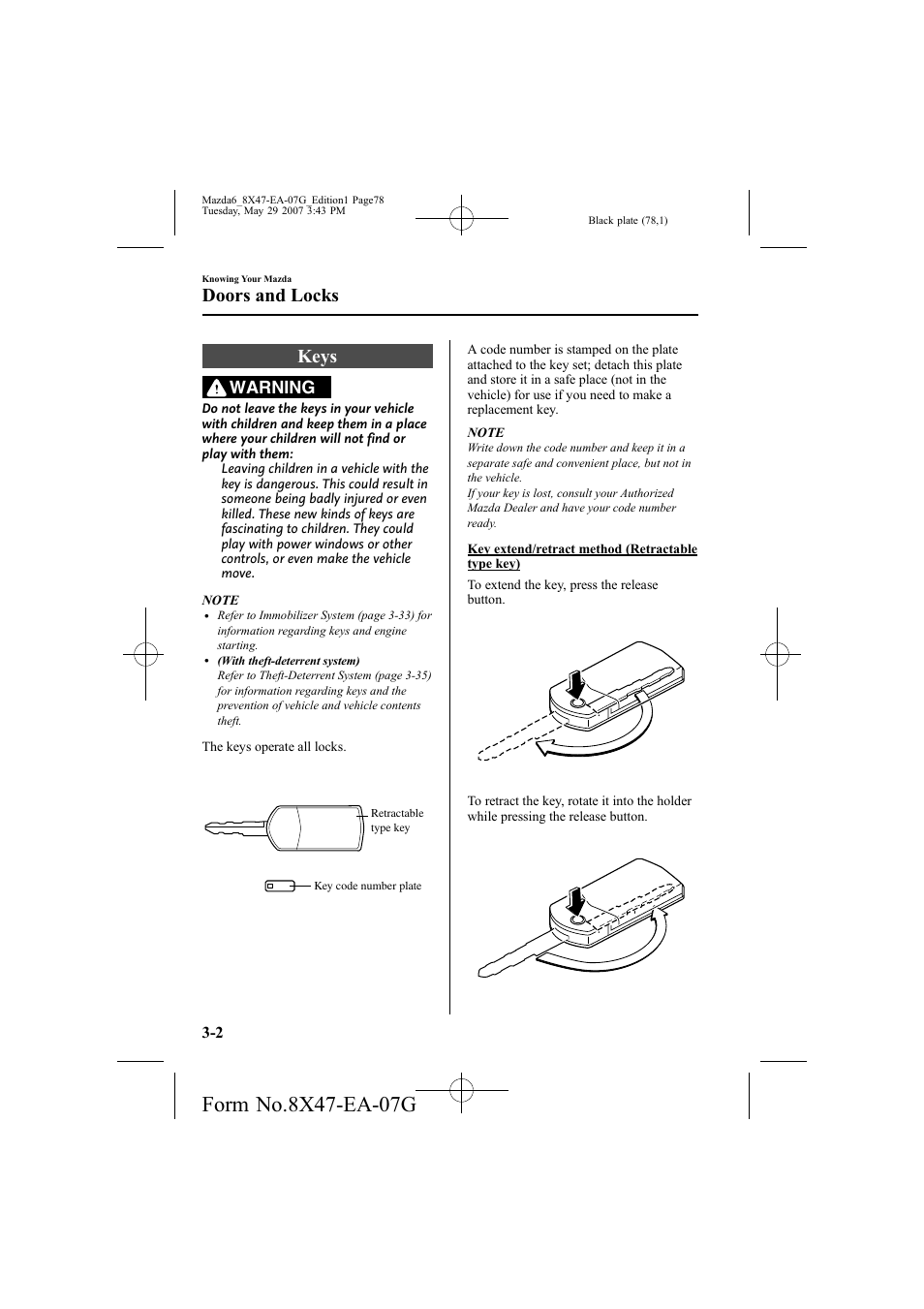 Keys, Doors and locks, Warning | Mazda 2008 6 User Manual | Page 78 / 440