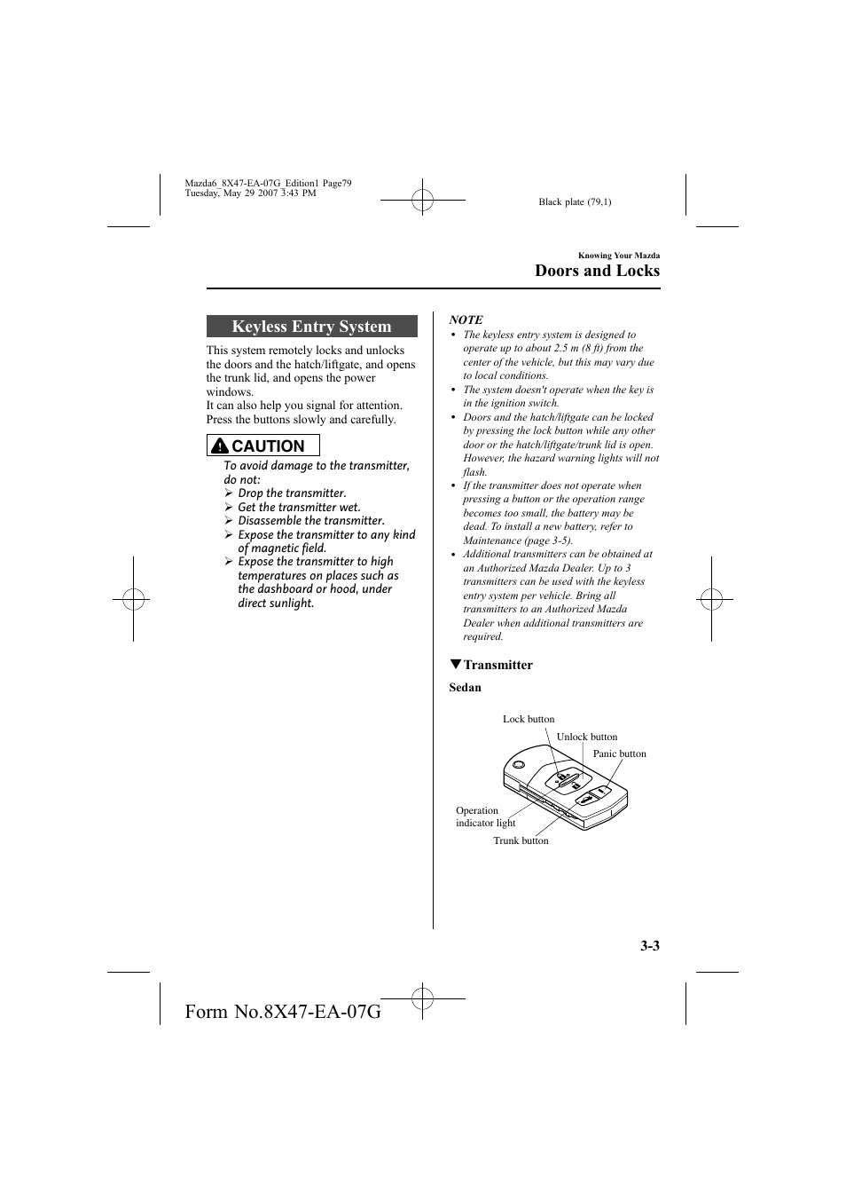 Keyless entry system, Doors and locks, Caution | Mazda 2008 6 User Manual | Page 79 / 440