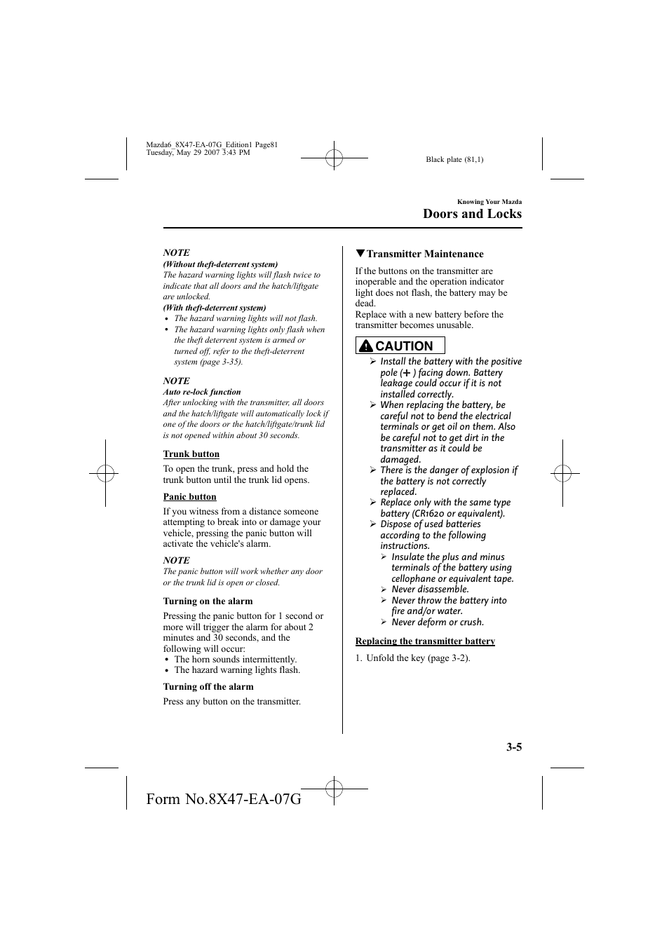 Doors and locks, Caution | Mazda 2008 6 User Manual | Page 81 / 440