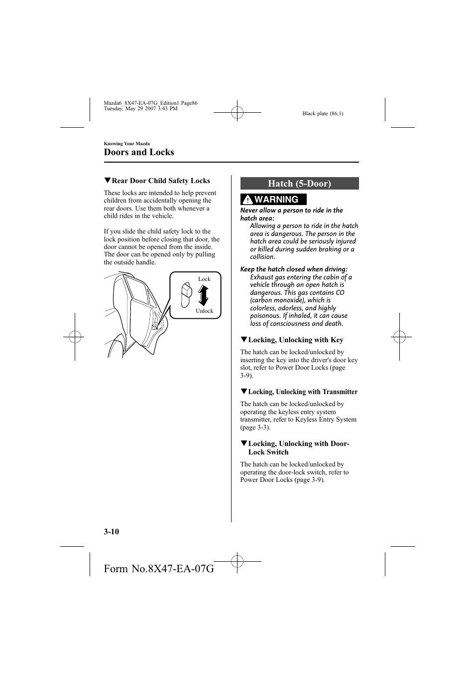 Hatch (5-door), Doors and locks, Warning | Mazda 2008 6 User Manual | Page 86 / 440