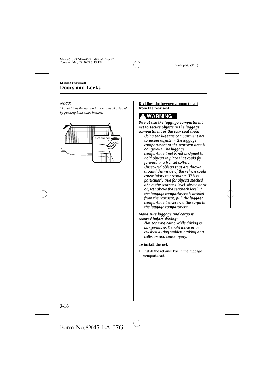 Doors and locks, Warning | Mazda 2008 6 User Manual | Page 92 / 440