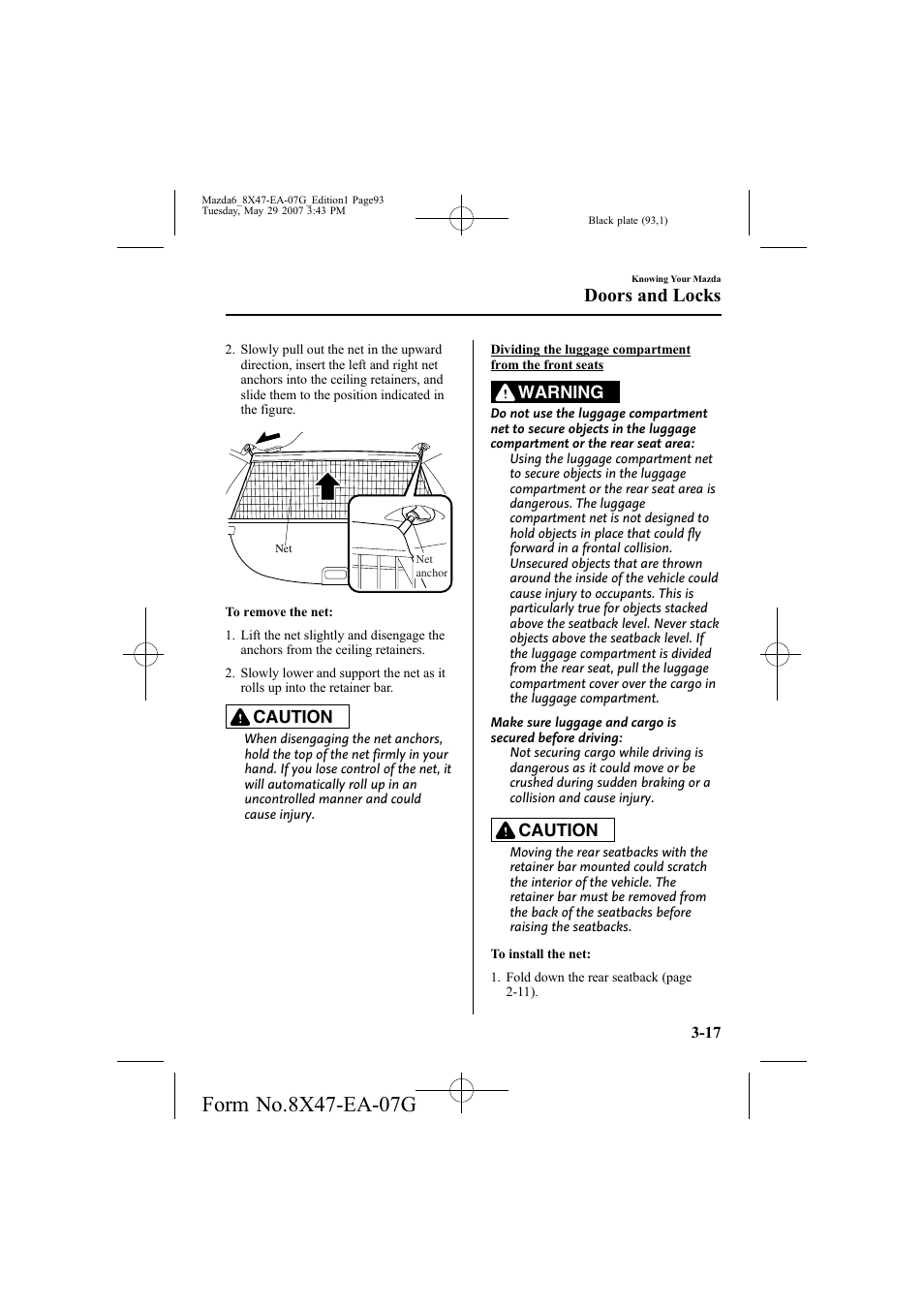 Doors and locks, Caution, Warning | Mazda 2008 6 User Manual | Page 93 / 440