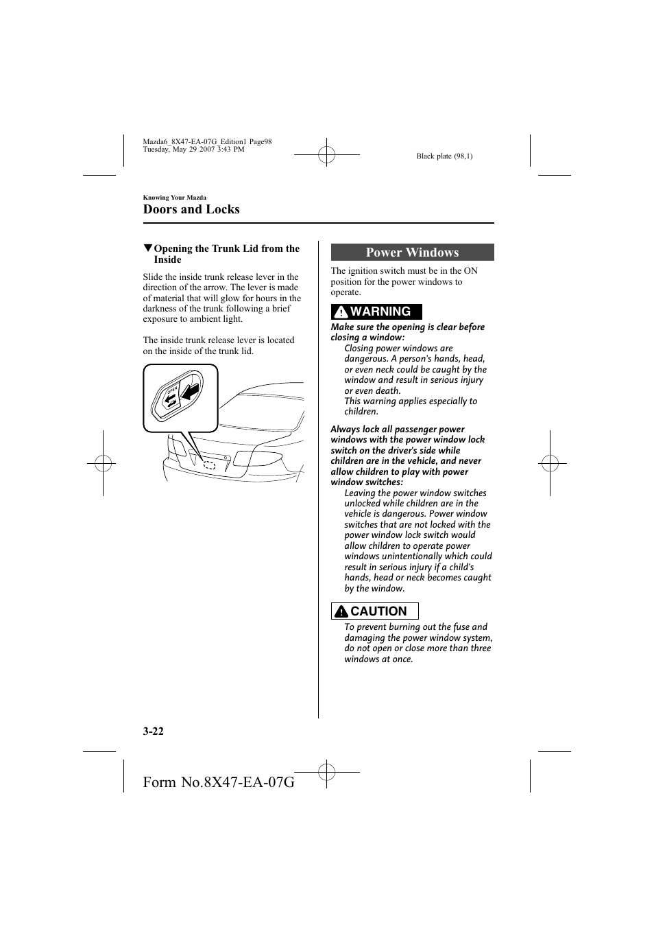 Power windows, Doors and locks | Mazda 2008 6 User Manual | Page 98 / 440