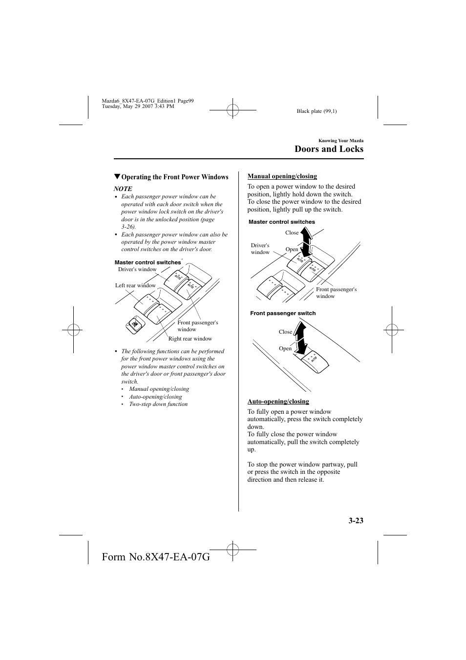 Doors and locks, Qoperating the front power windows | Mazda 2008 6 User Manual | Page 99 / 440