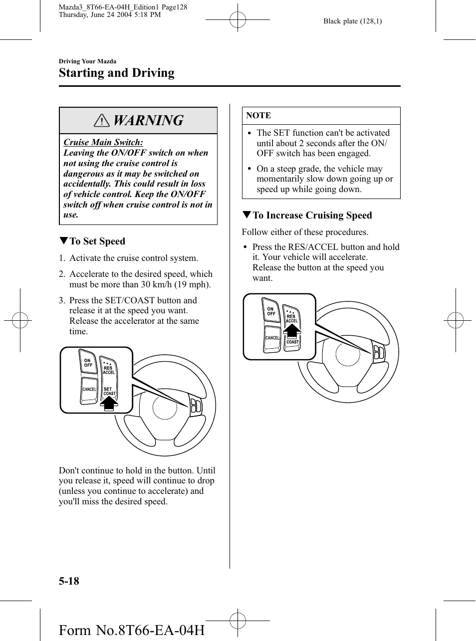 Warning, Starting and driving | Mazda 2005 3 4-DOOR User Manual | Page 128 / 322