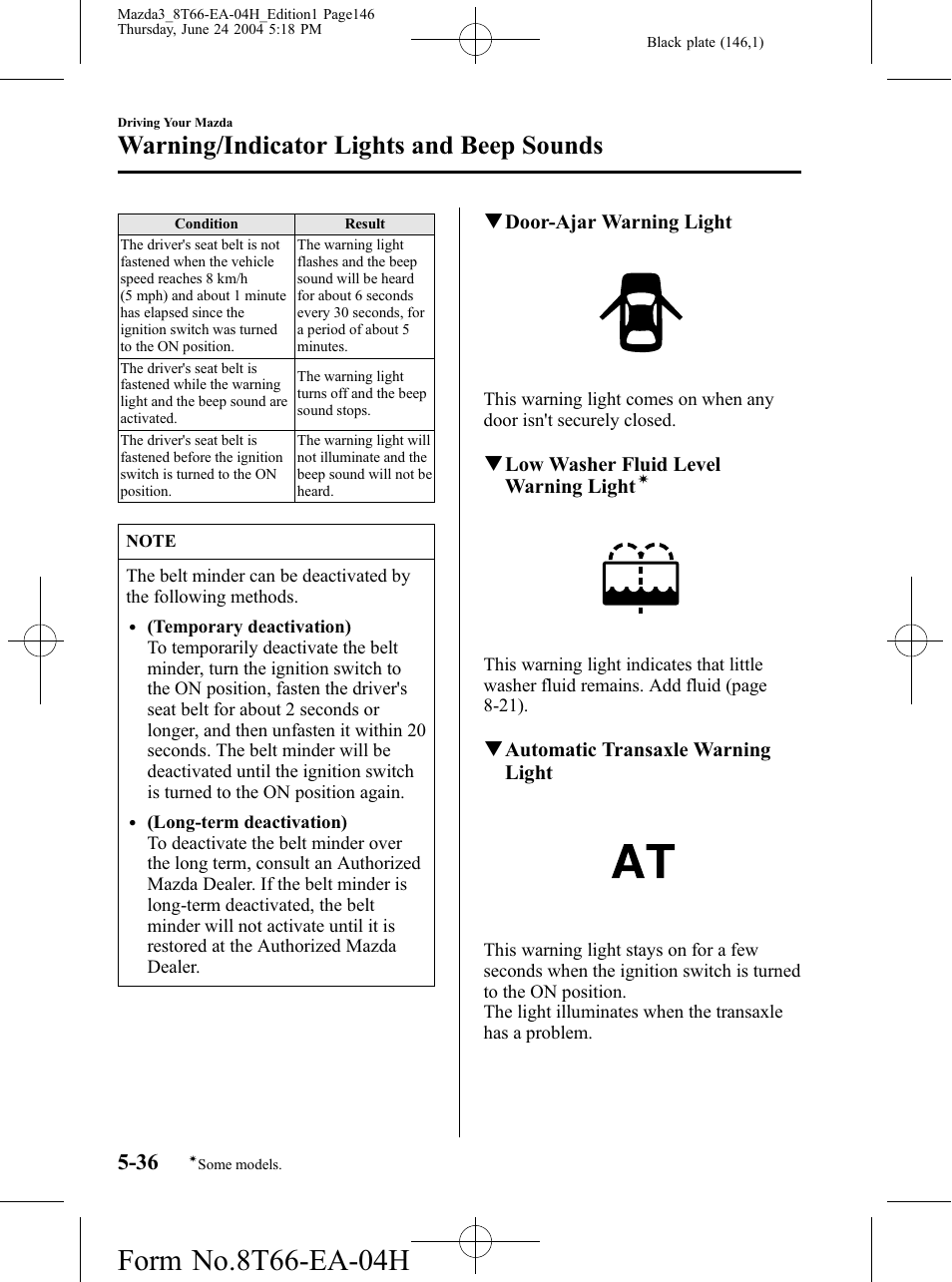 Warning/indicator lights and beep sounds | Mazda 2005 3 4-DOOR User Manual | Page 146 / 322