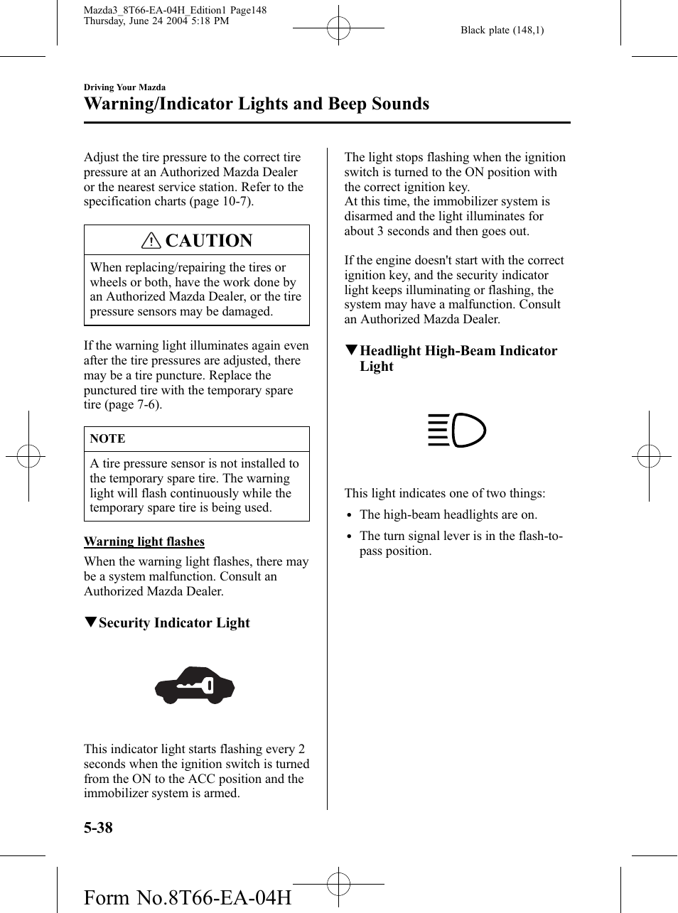 Caution, Warning/indicator lights and beep sounds | Mazda 2005 3 4-DOOR User Manual | Page 148 / 322