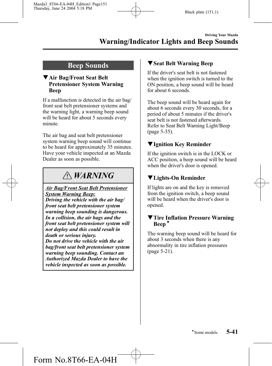 Beep sounds, Beep sounds -41, Warning | Warning/indicator lights and beep sounds | Mazda 2005 3 4-DOOR User Manual | Page 151 / 322