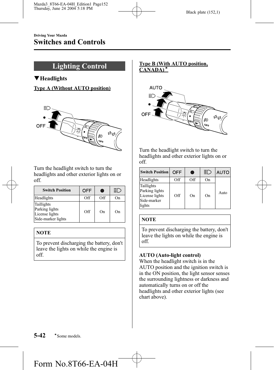 Switches and controls, Lighting control, Switches and controls -42 | Lighting control -42 | Mazda 2005 3 4-DOOR User Manual | Page 152 / 322