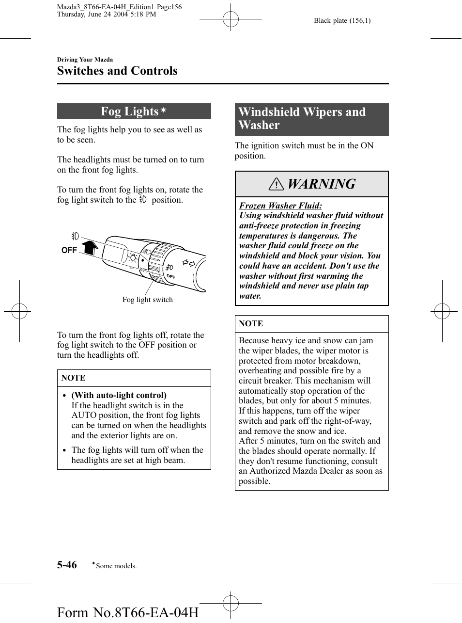 Fog lights, Windshield wipers and washer, Windshield wipers and washer -46 | Warning, Switches and controls | Mazda 2005 3 4-DOOR User Manual | Page 156 / 322