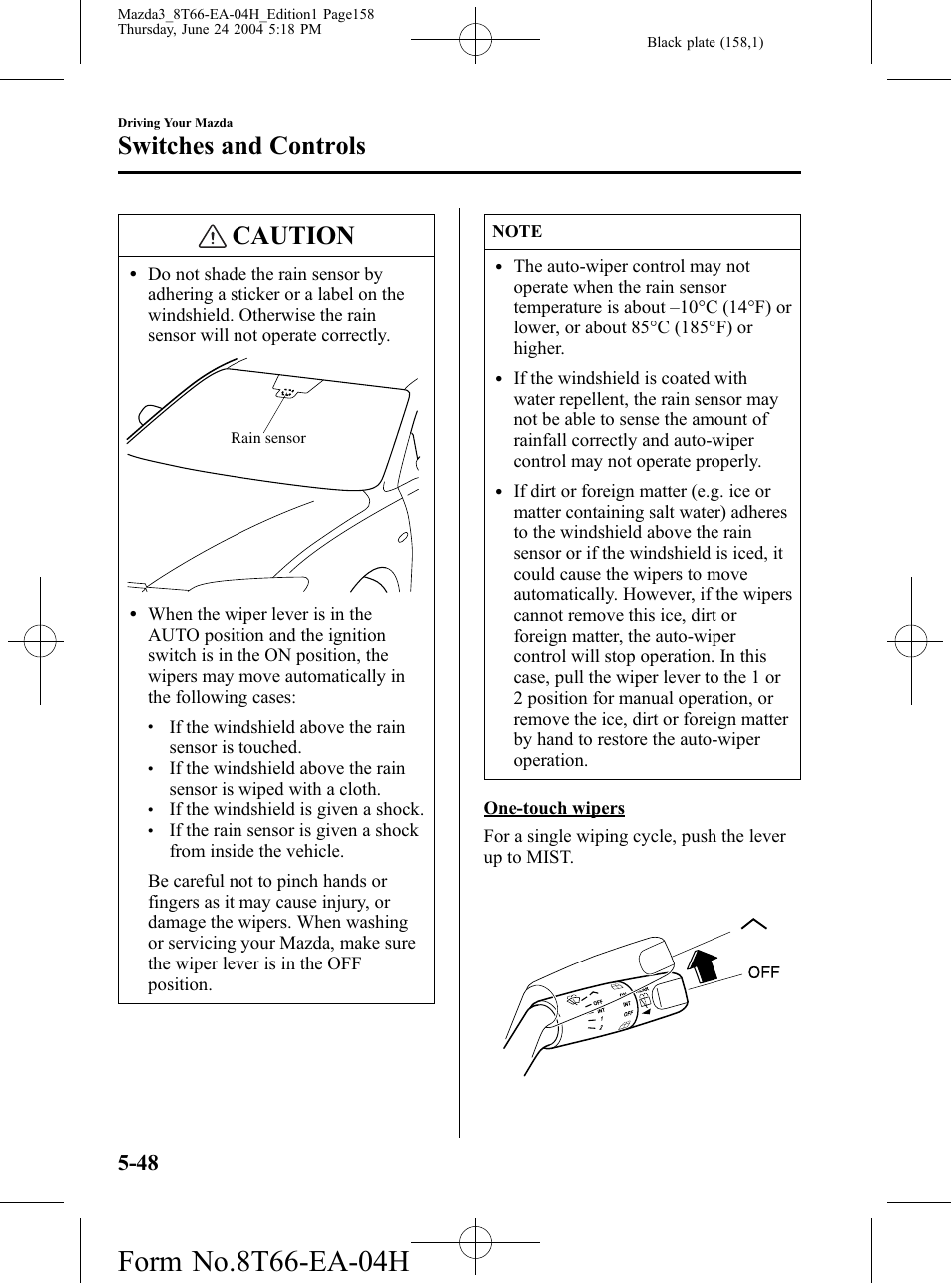 Caution, Switches and controls | Mazda 2005 3 4-DOOR User Manual | Page 158 / 322