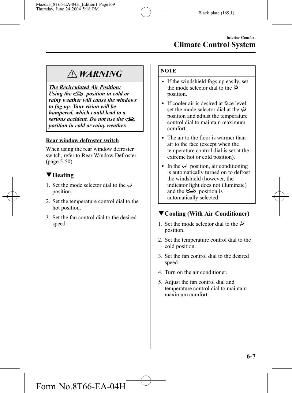 Warning, Climate control system | Mazda 2005 3 4-DOOR User Manual | Page 169 / 322