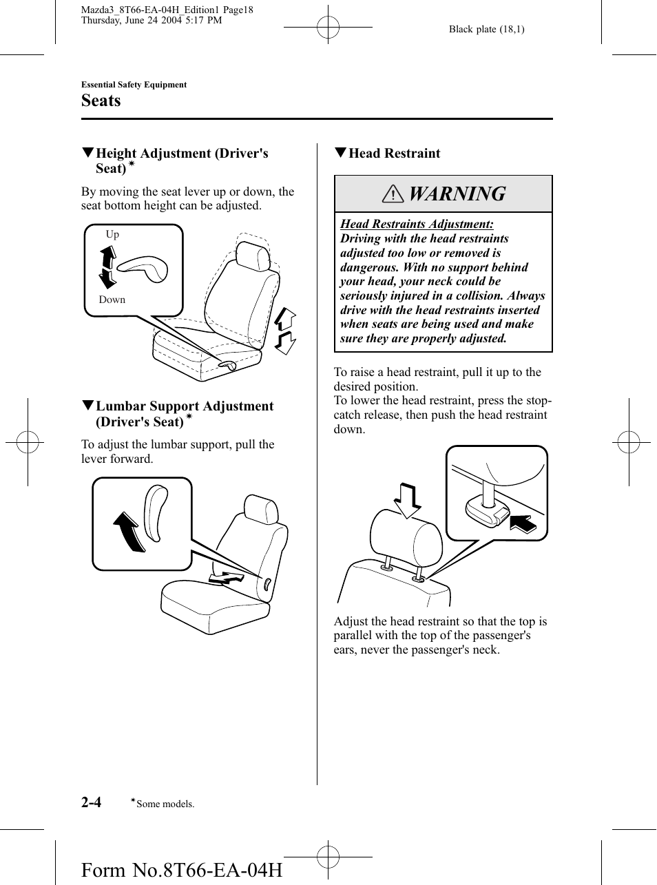 Warning, Seats | Mazda 2005 3 4-DOOR User Manual | Page 18 / 322