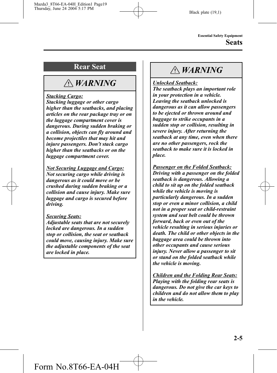 Rear seat, Rear seat -5, Warning | Seats | Mazda 2005 3 4-DOOR User Manual | Page 19 / 322