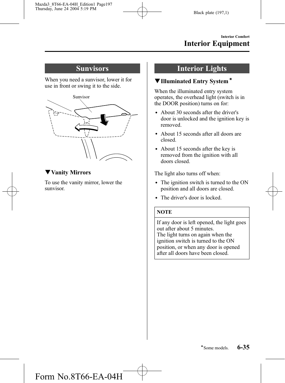 Interior equipment, Sunvisors, Interior lights | Interior equipment -35, Sunvisors -35 interior lights -35 | Mazda 2005 3 4-DOOR User Manual | Page 197 / 322