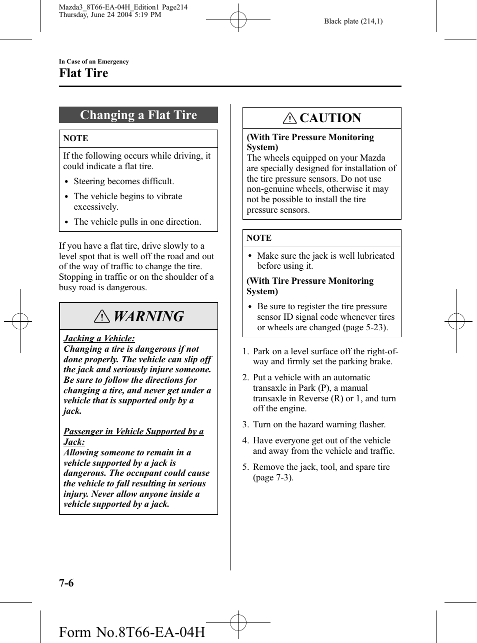 Changing a flat tire, Changing a flat tire -6, Warning | Caution, Flat tire | Mazda 2005 3 4-DOOR User Manual | Page 214 / 322